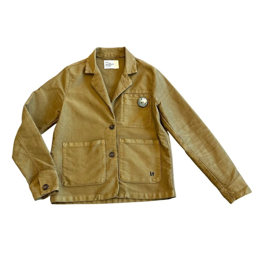 Leon & Harper Button-Down Camel Jacket Patch Pocket w/ Clover Pin Size Medium